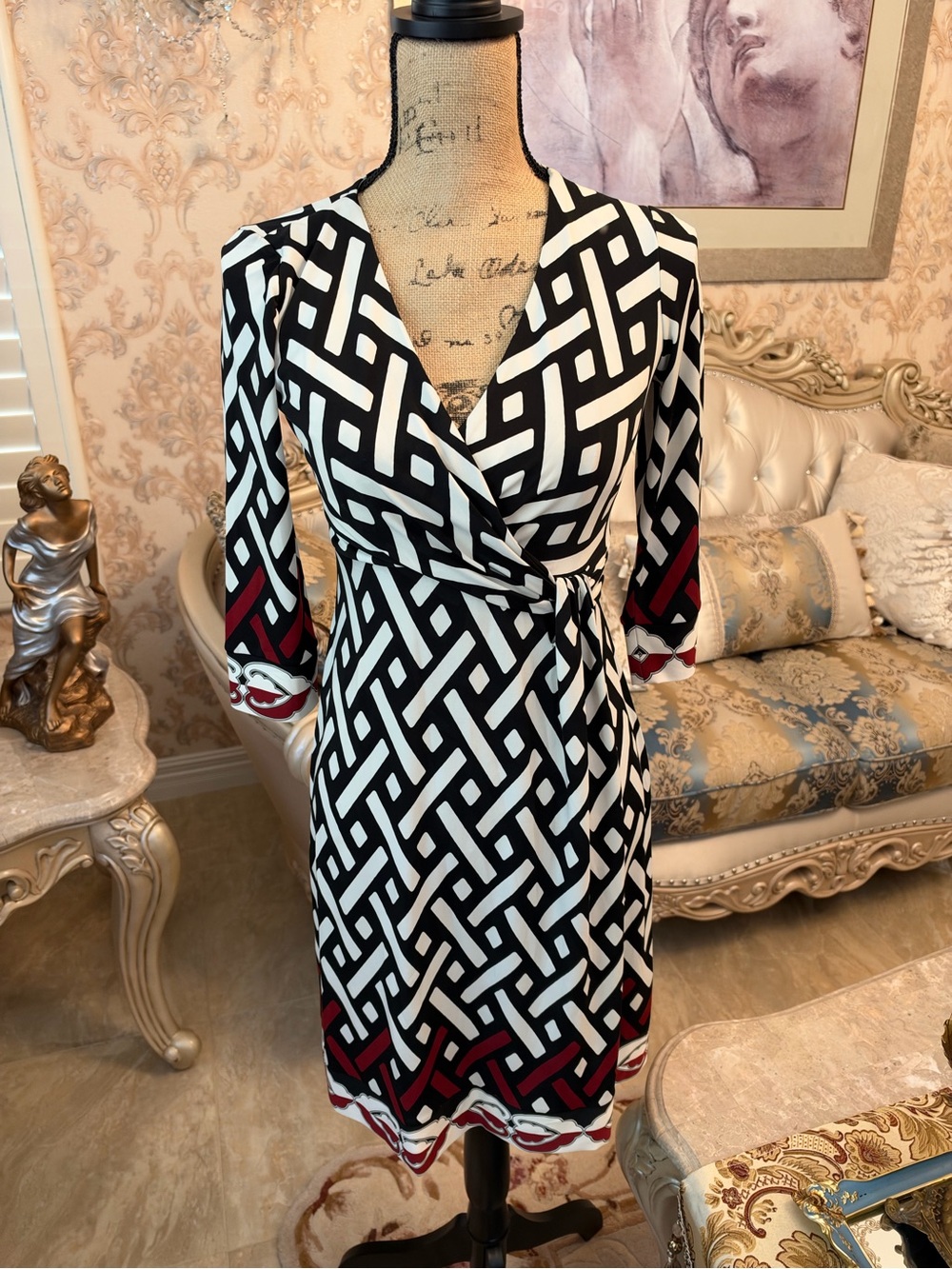 White House Black Market Black & White Geometric Wrap Dress with Red Accents